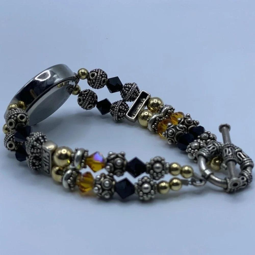 Geneva Boho Silver Gold Beaded Bracelet Watch Toggle Clasp Mixed Metal - 7.5